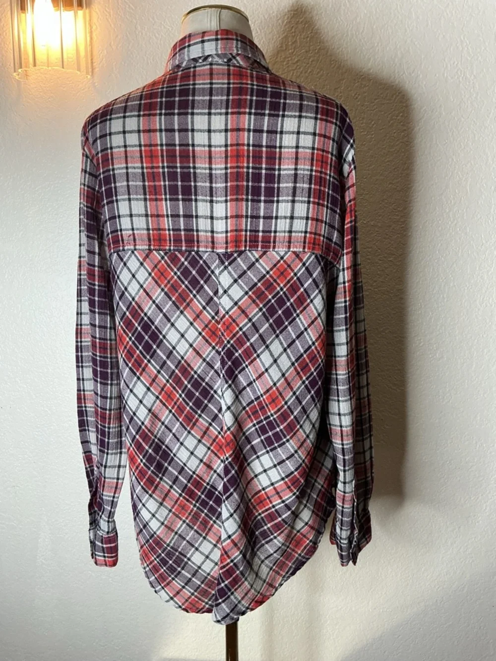 Free People- Women's Plaid Cutout Shoulder Flannel Shirt Jacket - Red & Purple - Picture 5 of 5
